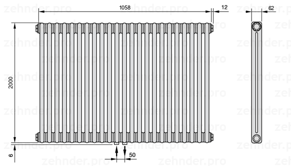 Схема (чертеж) Радиатор Zehnder Charleston 2200/23 №3470 Белый глянцевый RAL 9016